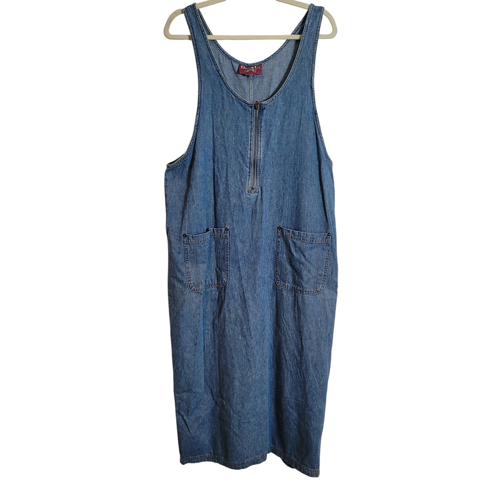 Denim & Co Blue Denim Sleeveless Zip Front Jumper Maxi Overall Dress Pockets L